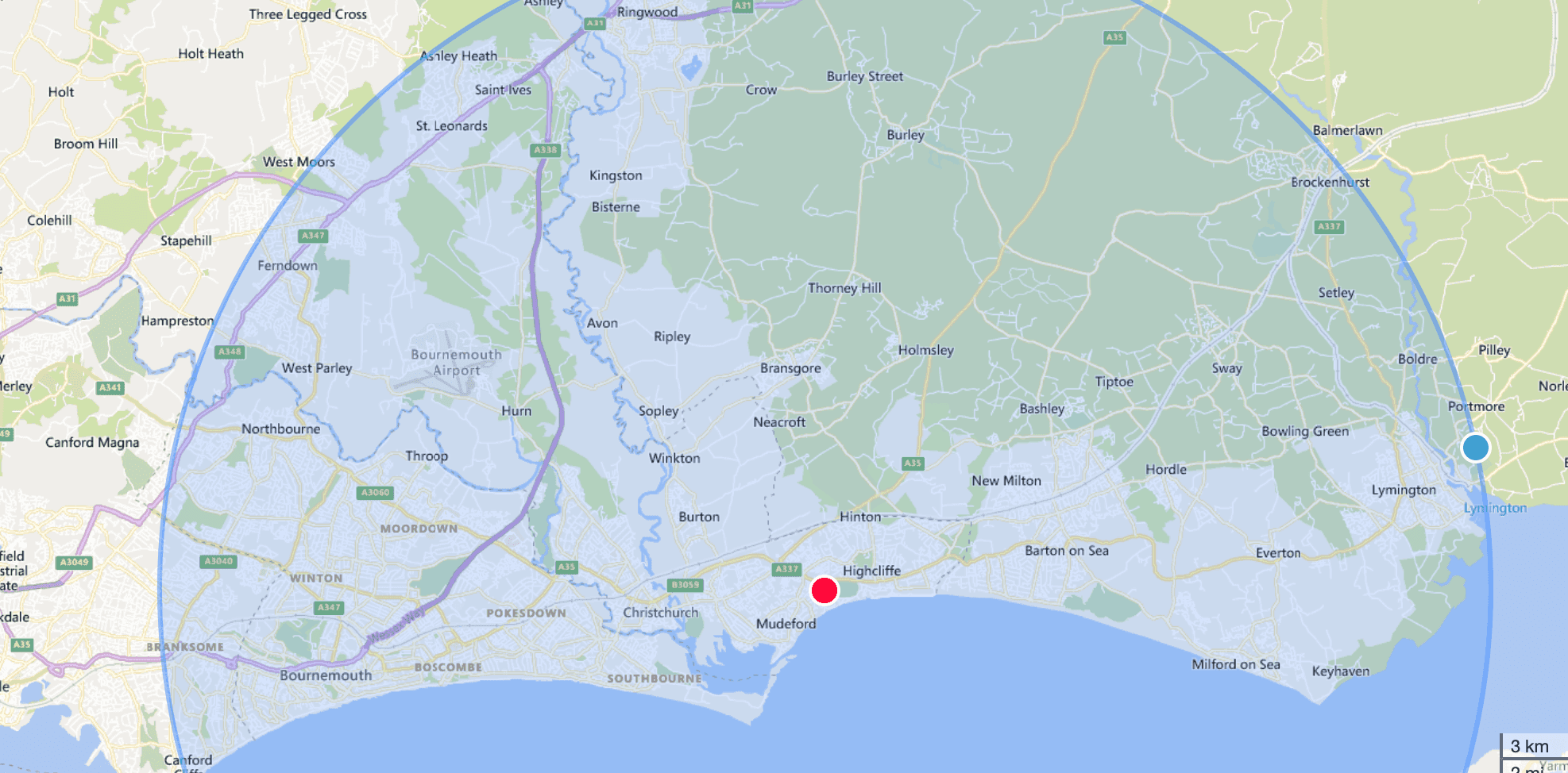 a map of local area christchurch, new milton, bournemouth, lymington, southbourne and more.